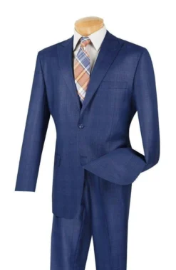 Pompey Collection - Men's Glen Plaid Dress Suit 2 Piece Regular Fit In Blue