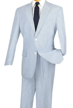 Regular Fit Summer 2 Piece Suit Striped Seersucker In Navy