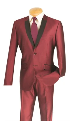Slim Fit Shiny Sharkskin Men's 2 Piece Suit In Maroon
