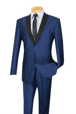 Slim Fit Shiny Sharkskin Men's 2 Piece Suit In Navy