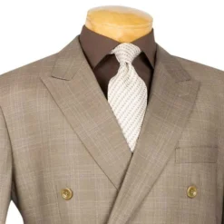 Alexander Collection - Tan Double Breasted 2 Piece Suit Regular Fit Glen Plaid -Gentri Store 01 VINY DRW 1 TAN 15 3