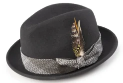 Wool Pinch Front Black Fedora With Feather Accent