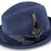 Wool Felt Pinch Front Navy Fedora With Feather Accent
