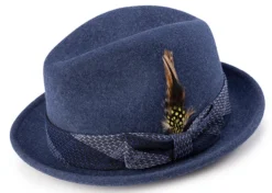 Wool Felt Pinch Front Navy Fedora With Feather Accent