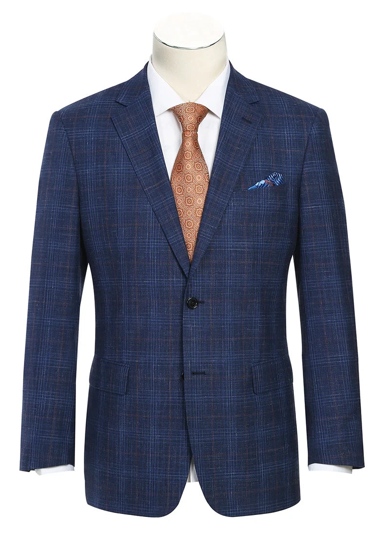 Regular Fit Wool & Linen Blue Plaid Blazer 1 Regular Fit Wool & Linen Blue Plaid Blazer