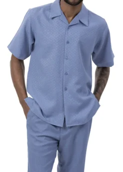 Powder Blue Diamond Tone On Tone 2 Piece Walking Suit Summer Short Sleeves