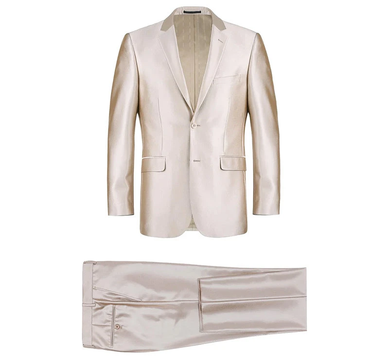 Beige Slim Fit Sharkskin Italian Styled 2 Piece Suit 3 Beige Slim Fit Sharkskin Italian Styled 2 Piece Suit - Image 3