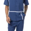 (XL) Navy 2 Piece Short Sleeve Men's Summer Walking Suit Minimalist Straight Lines Design