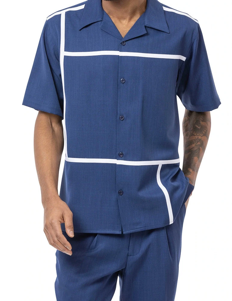 Navy Minimalist Line Design 2 Piece Short Sleeve Walking Suit With Shorts 2 Navy Minimalist Line Design 2 Piece Short Sleeve Walking Suit With Shorts - Image 2