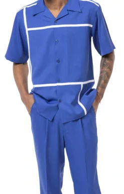 Royal Blue 2 Piece Short Sleeve Men's Summer Walking Suit Minimalist Straight Lines Design