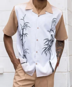 (XL) Tan Tropical Print 2 Piece Short Sleeve Walking Suit Set