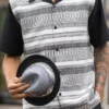 Black 2 Piece Short Sleeve Men's Summer Walking Suit Horizontal Stripe Pattern