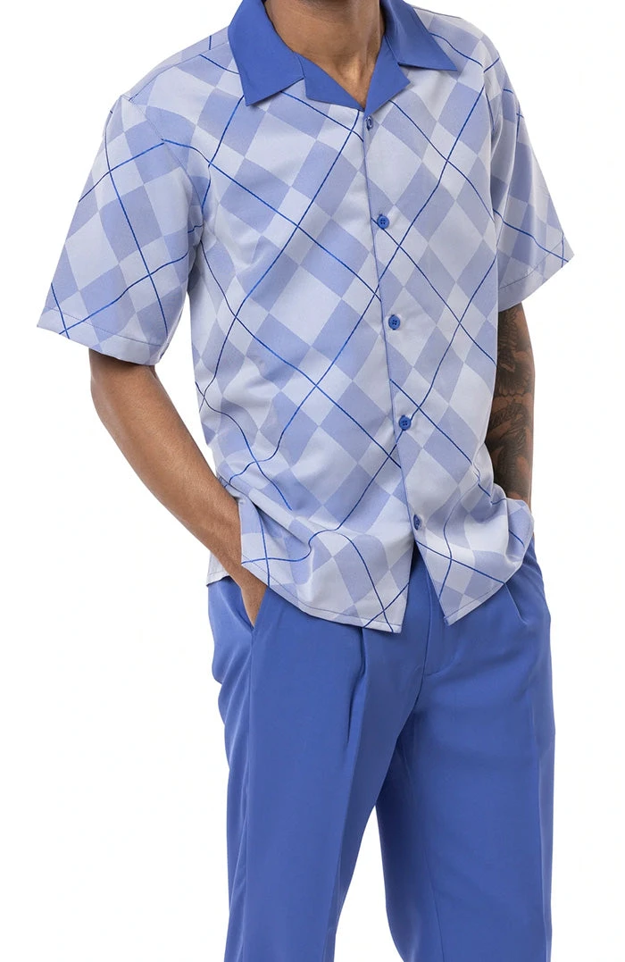 (XL, 4XL) Royal Blue 2 Piece Short Sleeve Men's Summer Walking Suit Argyle Pattern 1 (XL, 4XL) Royal Blue 2 Piece Short Sleeve Men's Summer Walking Suit Argyle Pattern