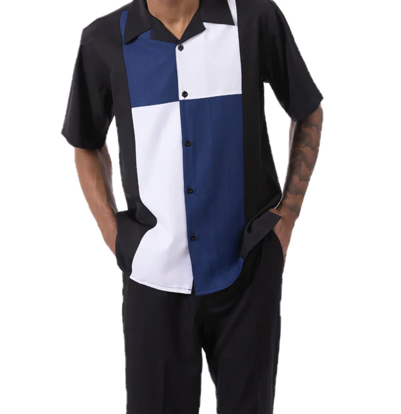 Navy Color Block Walking Suit 2 Piece Short Sleeve Set 3 Navy Color Block Walking Suit 2 Piece Short Sleeve Set - Image 3