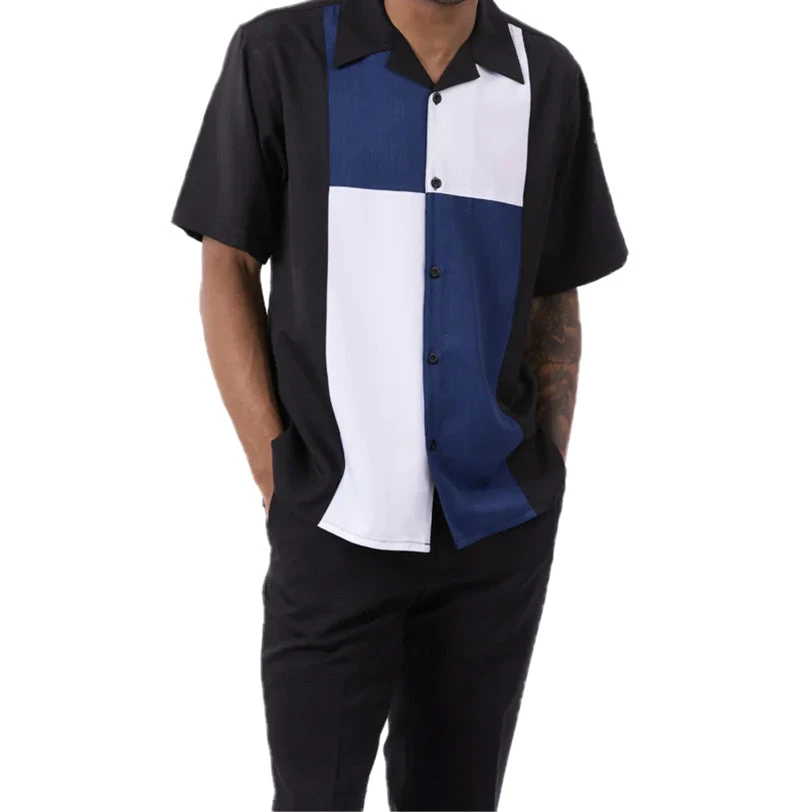 Navy Color Block Walking Suit 2 Piece Short Sleeve Set 2 Navy Color Block Walking Suit 2 Piece Short Sleeve Set - Image 2