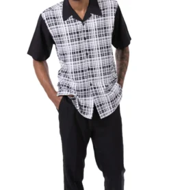 Black Plaid Walking Suit 2 Piece Short Sleeve Set -Gentri Store 2302Black