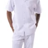 White Tone On Tone Horizontal Stripes Walking Suit 2 Piece Short Sleeve Set