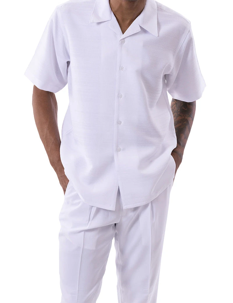 White Tone On Tone Horizontal Stripes Walking Suit 2 Piece Short Sleeve Set 1 White Tone On Tone Horizontal Stripes Walking Suit 2 Piece Short Sleeve Set