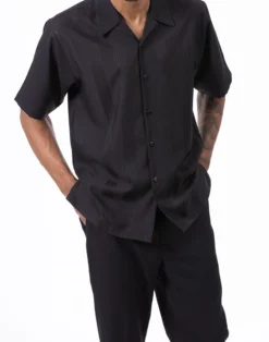 Black Tone On Tone Vertical Stripes Walking Suit 2 Piece Short Sleeve Set -Gentri Store 2306 BLACK