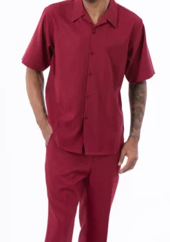 Burgundy Tone On Tone Vertical Stripes Walking Suit 2 Piece Short Sleeve Set