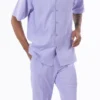 Lavender Tone On Tone Vertical Stripes Walking Suit 2 Piece Short Sleeve Set
