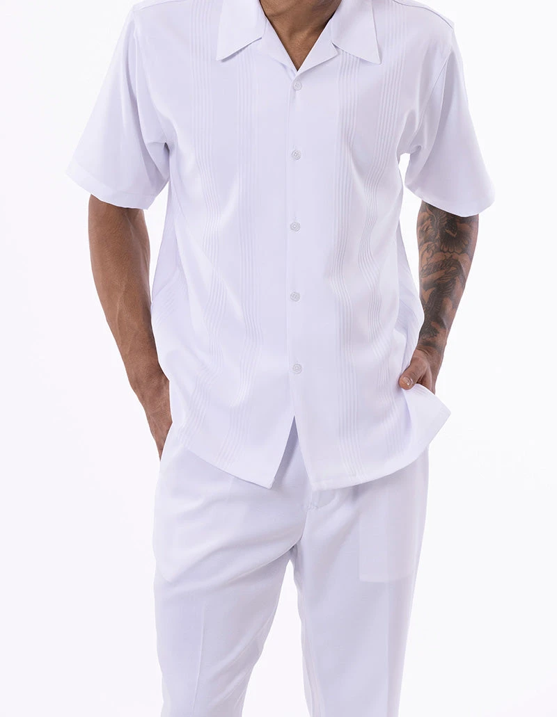 White Tone On Tone Vertical Stripes Walking Suit 2 Piece Short Sleeve Set 1 White Tone On Tone Vertical Stripes Walking Suit 2 Piece Short Sleeve Set