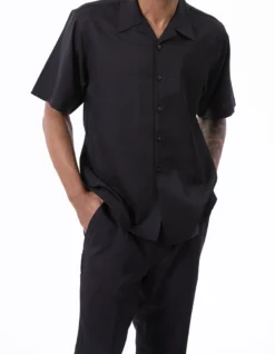 Black Walking Suit Tone On Tone Vertical Stripes 2 Piece Short Sleeve Set