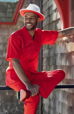 Red Walking Suit Tone On Tone Vertical Stripes 2 Piece Short Sleeve Set