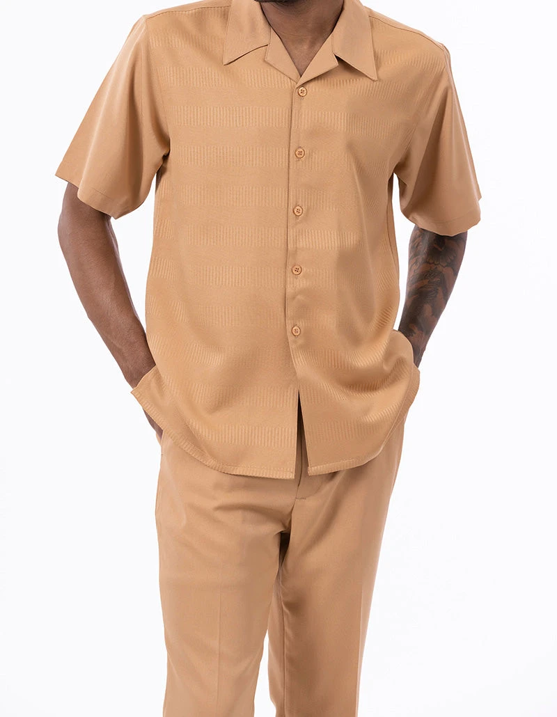 Tan Walking Suit Tone On Tone Vertical Stripes 2 Piece Short Sleeve Set 1 Tan Walking Suit Tone On Tone Vertical Stripes 2 Piece Short Sleeve Set