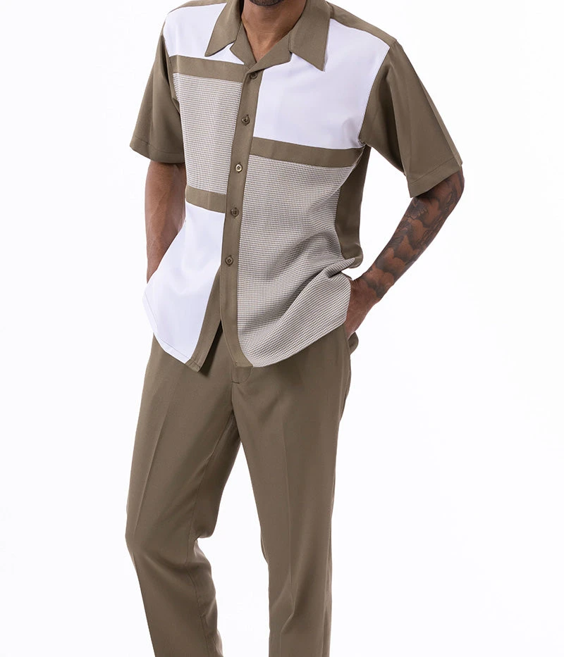 Olive Color Block Walking Suit 2 Piece Short Sleeve Set 2 Olive Color Block Walking Suit 2 Piece Short Sleeve Set - Image 2