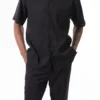 Black Tone On Tone Striped Walking Suit 2 Piece Short Sleeve Set