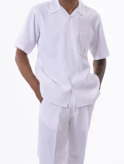 (L/38) White Tone On Tone Striped Walking Suit 2 Piece Short Sleeve Set