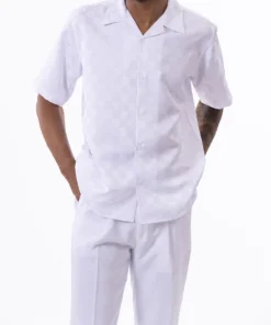 White Tone On Tone Check Walking Suit 2 Piece Short Sleeve Set
