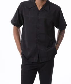 Black Tone On Tone Windowpane Walking Suit 2 Piece Short Sleeve Set