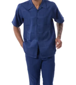 Navy Tone On Tone Windowpane Walking Suit 2 Piece Short Sleeve Set