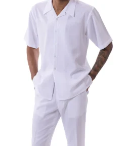 White Tone On Tone Windowpane Walking Suit 2 Piece Short Sleeve Set