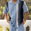 Carolina Blue Vertical Stripe Design Walking Suit 2 Piece Short Sleeve Set
