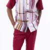Burgundy Gradient Color Stripe Design Walking Suit 2 Piece Short Sleeve Set