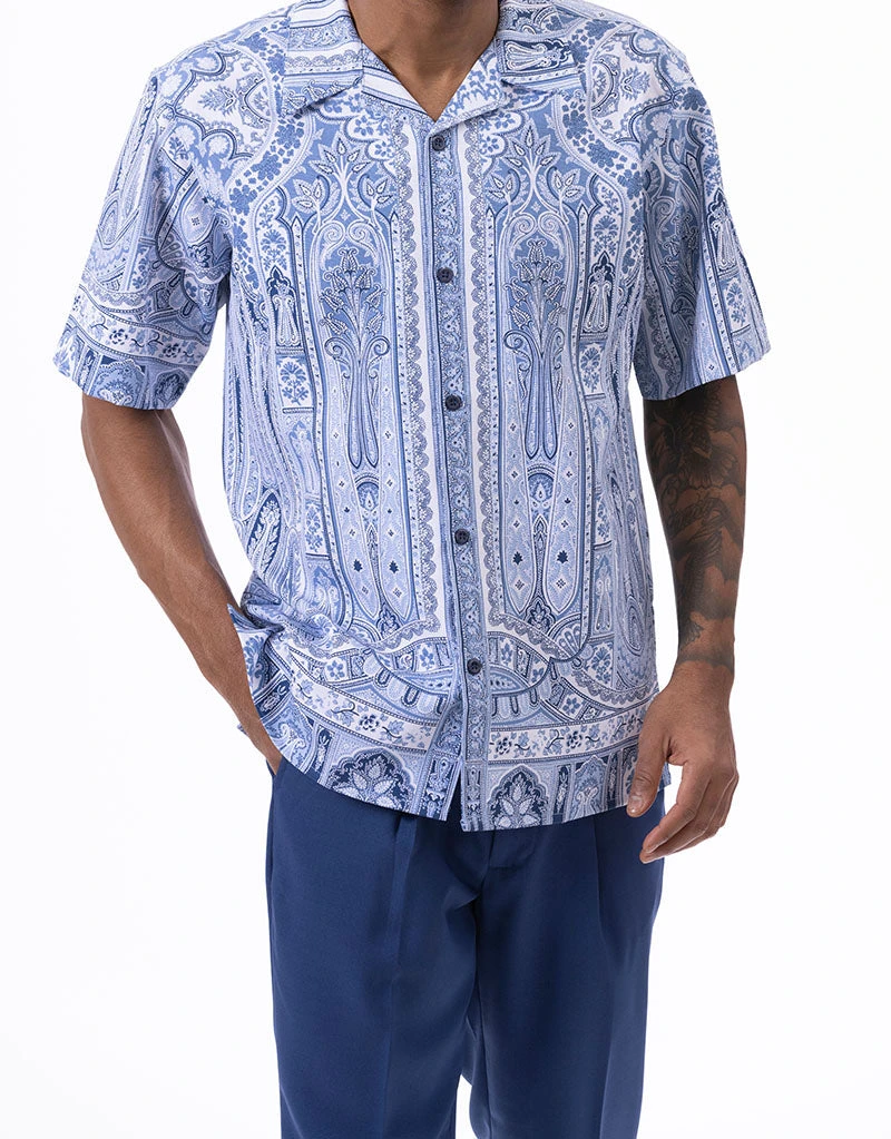 Navy Floral Pattern Walking Suit 2 Piece Short Sleeve Set 2 Navy Floral Pattern Walking Suit 2 Piece Short Sleeve Set - Image 2