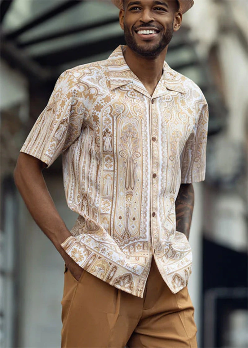 Cognac Floral Pattern Walking Suit 2 Piece Short Sleeve Set 1 Cognac Floral Pattern Walking Suit 2 Piece Short Sleeve Set