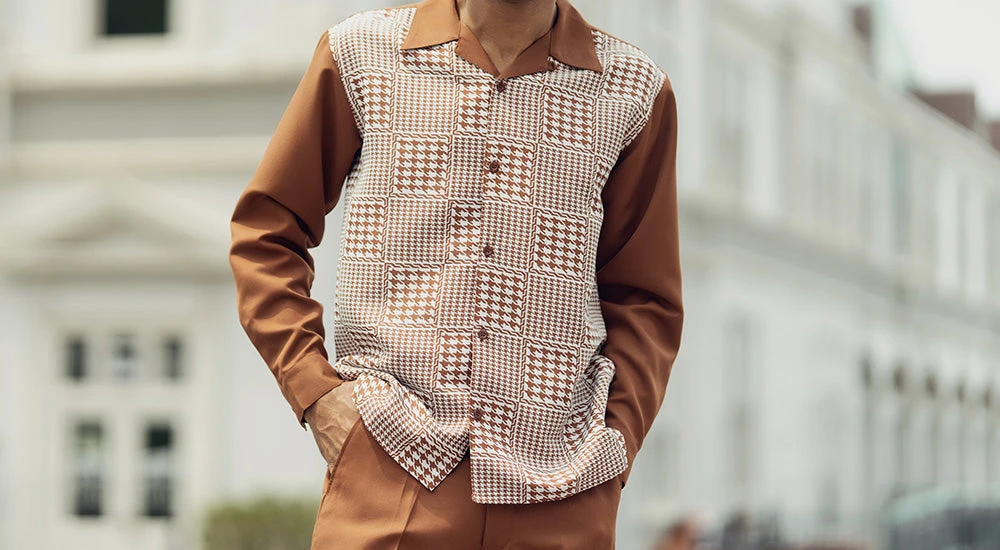 Cognac Square Patterned 2 Piece Long Sleeve Walking Suit Set 1 Cognac Square Patterned 2 Piece Long Sleeve Walking Suit Set