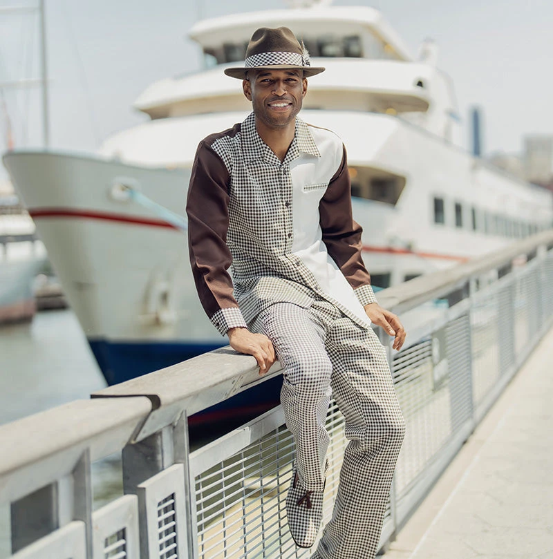 Brown Checkered 2 Piece Long Sleeve Walking Suit Set 1 Brown Checkered 2 Piece Long Sleeve Walking Suit Set