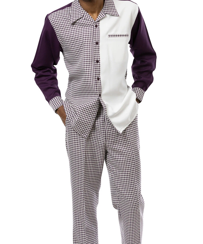 Plum Checkered 2 Piece Long Sleeve Walking Suit Set 1 Plum Checkered 2 Piece Long Sleeve Walking Suit Set