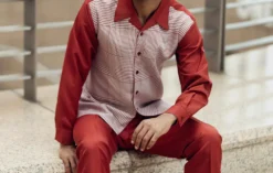 Wine Plaid Front 2 Piece Long Sleeve Walking Suit Set