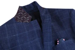 Wool And Silk Regular Fit Blazer Windowpane Pattern In Navy -Gentri Store 4Z8A0627