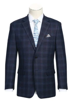 Wool Blend Regular Fit Stretch Checked Blazer In Navy
