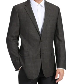 100% Wool Regular Fit 2 Button Blazer Glen Plaid In Brown
