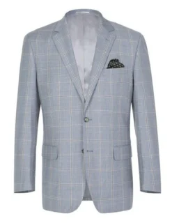 100% Wool Windowpane Pattern Regular Fit 2 Button Blazer In Stone Blue