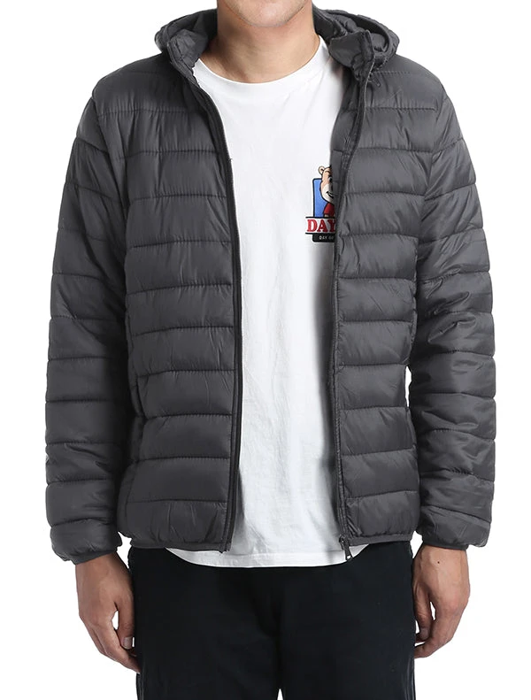 Men's Quilted Puffer Jacket With Detachable Hood In Gray 3 Men's Quilted Puffer Jacket With Detachable Hood In Gray - Image 3