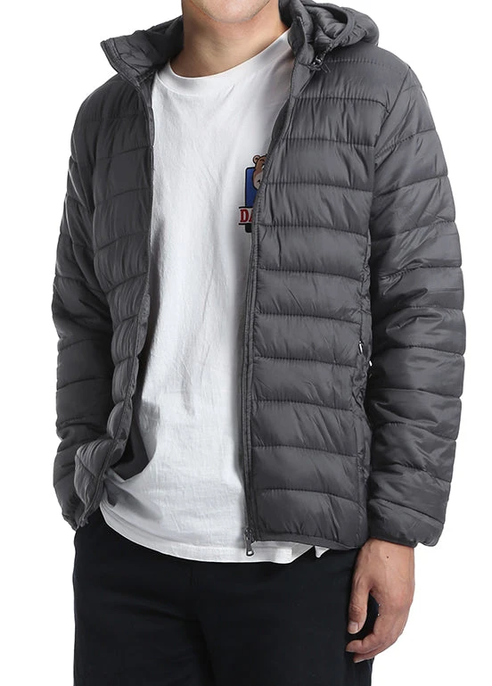 Men's Quilted Puffer Jacket With Detachable Hood In Gray 4 Men's Quilted Puffer Jacket With Detachable Hood In Gray - Image 4